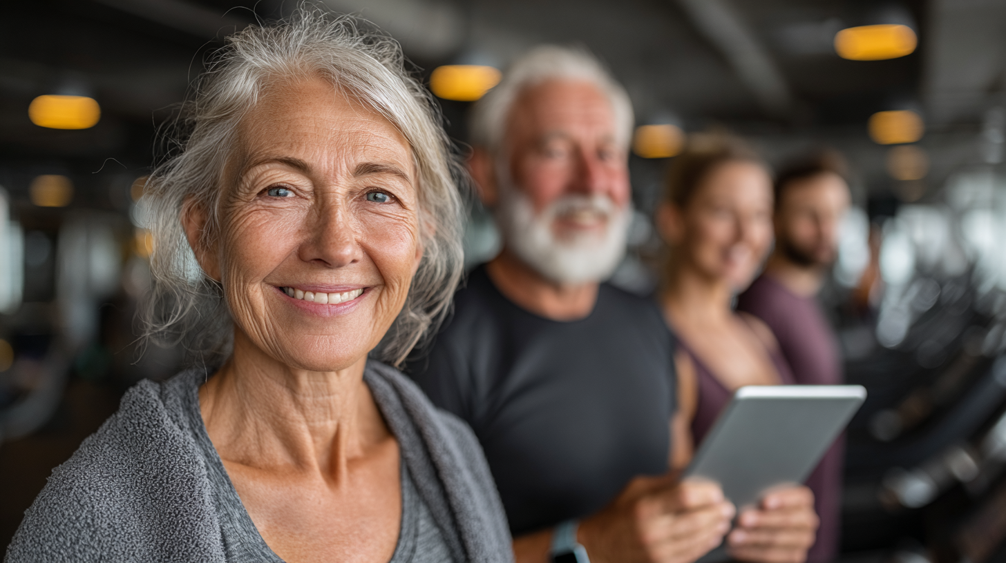 Seniori folosind tehnologie fitness modernă